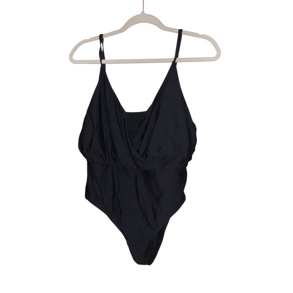 Anthropologie Sz L Black One Piece Swimsuit Blouson V-Neck Slimming